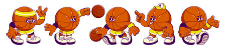 Retro cartoon basketball mascots in dynamic poses. Playful character wearing sneakers, yellow headband and uniform elements. Animated figure in different movements and expressions while handling ball.のイラスト素材
