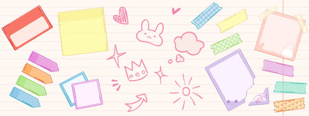 Doodle school memo sticker note. Text frame shape for diary. Hand drawn highlight arrow and rough chalk border. Important crayon emphasis for notebook. Grunge cute message scribble paint iconのイラスト素材