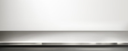 Metal kitchen table. Steel counter top surface. 3d silver empty shelf isolated vector. White wall and shiny realistic stainless countertop mockup border. Luxury food or appliance presentation backdropのイラスト素材
