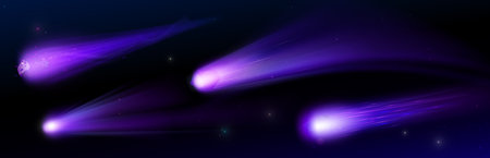 Purple star light trail magic effect. Comet or meteor fire vector. 3d space game ball with neon tail...