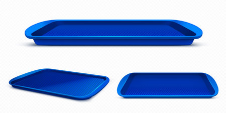 Blue rectangle plastic lunch tray side view mockup. Rectangular dish container for restaurant kitchen. 3d school cafeteria salver mock up template. Realistic serving breakfast in canteen conceptのイラスト素材