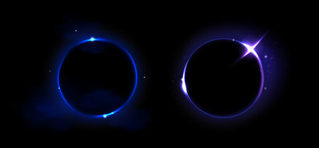 Solar eclipse circles showing moon covering sun on dark background. Glowing purple neon rings with bright luminous effects capture celestial phenomenon. Radiant circular shapes of astronomical event.のイラスト素材