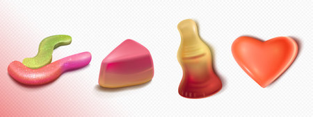 3d gummy candy. Sweet and soft cola bottle vector. Cute sugar children marmalade pink worm dessert. Realistic chew kids vitamins with gelatin texture. Bright calories in assorted shape clipartのイラスト素材