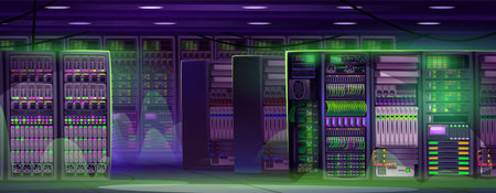 Modern data center room interior illuminated by green neon lighting effects. Server racks with bright indicators, monitoring panels, cooling ventilation systems and cables. Cyberpunk network equipmentのイラスト素材