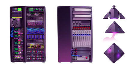 Data server rack for storage center vector icon. Cloud technology network and computer hardware equipment for database service room isolated infrastructure set. Digital secure farm element with cubeのイラスト素材