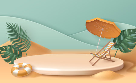 3d summer beach banner with podium and sand vector. Travel product display stand with umbrella, palm leaf, chair and lifebuoy. Tropical stage with island nature landscape for presentation or promotionのイラスト素材