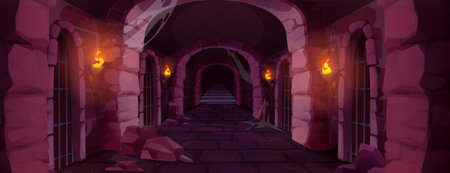 Medieval castle dungeon prison hallway illuminated by flaming torches on stone walls. Long corridor with barred cells, gothic arches, cobblestone floor leading to stairs. Underground game environment.のイラスト素材