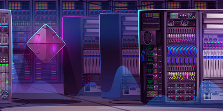 Futuristic data center server room interior with neon glowing equipment. Purple environment with...