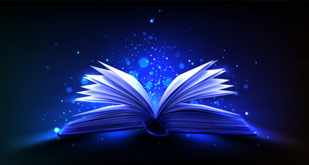 Open magic book with fantasy blue light vector. Mystery fairytale handbook side with wizard spell glow. 3d sorcery dust sparkle on page. Realistic myth study object at night. Fairy tale literatureのイラスト素材