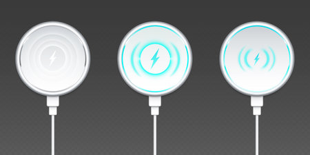 Wireless smartphone battery charger with fast sign icon. Phone power charge with energy pad device mockup on cable. 3d magnet gadget accessory concept top view. Electricity voltage dock isolatedのイラスト素材