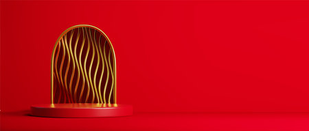 Round podium on red background with golden arch. Vector realistic illustration of circular platform for luxury product presentation, vip jewelry showroom design, shiny yellow waves decoration on wallのイラスト素材