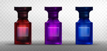 Transparent glass bottle for fragrance. Red, purple and blue perfumery product glazing container with sprayer and lid. Realistic 3d vector illustration set of perfume water packaging flacon mockup.のイラスト素材