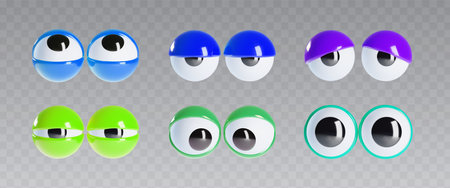 Googly eyes set isolated on transparent background. Vector realistic illustration of comic character eyeballs with color eyelids, cute mascot looking up, down, surprised, angry, tired, sleepy, scaredのイラスト素材