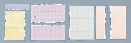 Torn notebook paper pieces with grid lines and square of pastel colors - yellow and purple, grey and peach. Realistic set of memo sheets fragments with ripped edges for scrapbooking and collage designのイラスト素材
