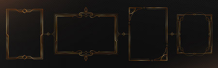 Elegant thin gold frames set. Geometric ornamental borders on black background. Luxury golden rectangular designs with delicate corner decoration, curved lines and floral motifs for invitations.のイラスト素材