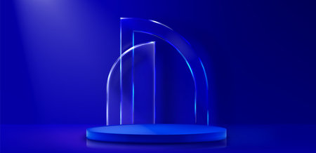 Smooth cylindrical platform beneath transparent curved glass arch elements in deep royal blue environment. Premium exhibition space for luxury product showcase. Realistic 3d goods promotion display.のイラスト素材