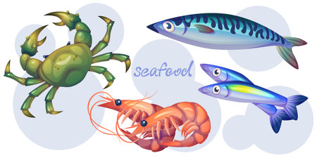Seafood set isolated on white background. Vector cartoon illustration of crab, fish, shrimp, tuna, fresh ingredients for cooking gourmet dish, restaurant menu icons, food market products collectionのイラスト素材