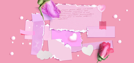 Romantic pink composition with ripped grid notepaper and dotted sheets. Decorated with blooming roses, white heart shapes and cloud elements. Scattered torn pieces for Valentine or wedding cards.のイラスト素材