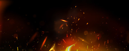 Glowing fire sparks rise on dark background. Bright embers scatter upward from luminous base. Realistic vector fiery backdrop with flame flash elements for depicting heat, danger or energetic effects.のイラスト素材