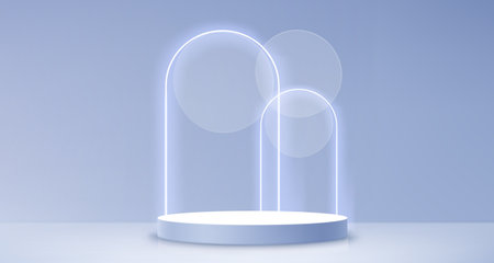 Round podium with neon arch decoration on blue background. Vector realistic illustration of white product presentation platform with glass morphism design, light showroom with display for advertisingのイラスト素材