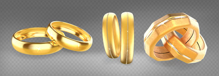 Brilliant golden wedding bands collection in different styles. Classic smooth circles, contemporary geometric patterns and faceted designs of jewelry. Metallic rings with sparkling highlights.のイラスト素材