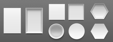 Set of white packaging mockups viewed from top on transparent background. Rectangular, square, circular and hexagonal shapes empty box containers with different lid options for product presentation.のイラスト素材