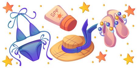 Beach vacation essentials - blue female swimsuit with ties, straw sunhat with wide brim and ribbon, flip flops decorated with pearls, protective sunscreen lotion. Cartoon stuff for summer voyage.のイラスト素材