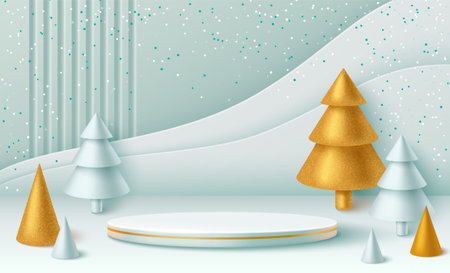Minimal winter scene with cylindrical podium with gold trim surrounded by abstract Christmas trees in light green and gold colors. Snowy background with turquoise dots for product display during xmas.のイラスト素材
