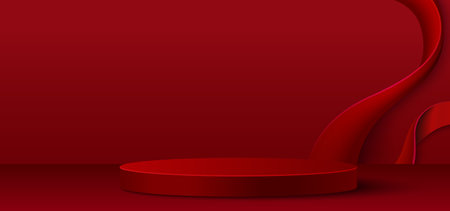 3d red product podium in abstract studio background scene. Luxury award stage on floor for minimal chinese presentation. Showcase render mockup with cylinder shape platform and curtain bg designのイラスト素材