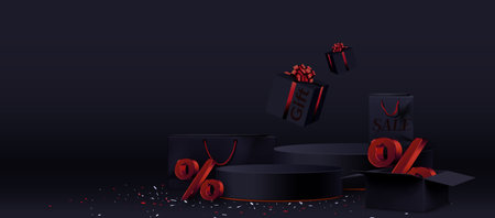 Black Friday sale podium banner for discount product offer. 3d display stage with present element for advertising template. Special gift or price for cosmetic purchase on holiday. Fashion studioのイラスト素材