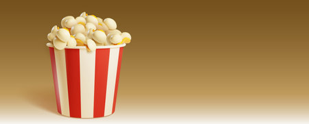 Fresh popcorn served in striped red and white container on golden background. Realistic 3D fully expanded fluffy kernels in paper bucket for cinema snack presentation or movie theater advertisement.のイラスト素材