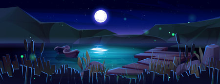 Night pier lake scene with moonlit reflection on water, wooden dock, floating boats, starry sky. Dark twilight landscape with glowing fireflies, reeds and mountain silhouettes. Old wood jetty on riverのイラスト素材