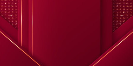 Luxury red layered background with golden geometric lines - premium abstract design with maroon overlapping shapes, sparkling dot pattern and metallic outlines. Elegant template for VIP event display.のイラスト素材