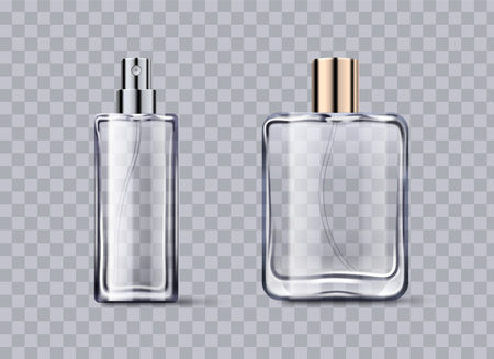 Fragrance glass bottle mockups set - transparent rectangular containers with spray and solid caps. Premium perfume packaging templates with silver and gold finishes, light reflections on clear surfaceのイラスト素材