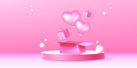 Pink romantic composition with circular podium display - heart shaped balloons floating from opened box, wrapped presents with bows, scattered spheres around pastel scene. Valentine day presentation.のイラスト素材