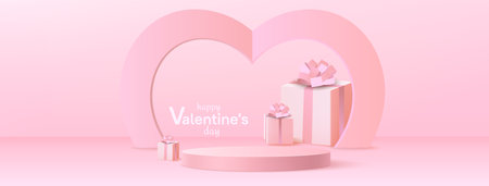 Pink romantic setup with circular podium - wrapped presents decorated with bows, heart shaped background frame, Valentine day greeting text. Pastel love themed product display and gift showcase.のイラスト素材