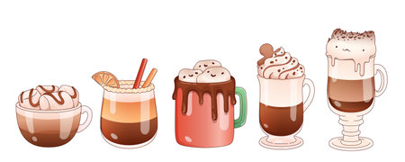 Hot chocolate and coffee beverages in various serving styles - round cup with drizzled whipped cream, citrus garnished glass, ceramic mug with chocolate drip, tall glasses with marshmallow toppings.のイラスト素材