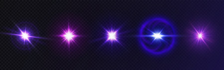 Magical glint and glare collection with purple effects - bright star bursts, shimmering sparkles, radiant lens flares, neon circular halos, luminous beams. Realistic fantasy or space design.のイラスト素材