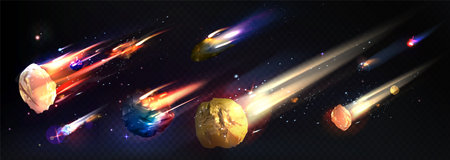 Flaming asteroid and colorful comets. Realistic celestial objects blazing through deep space and leaving luminous trails of fire and cosmic dust for game backgrounds or scientific astronomical design.のイラスト素材