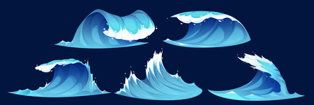 Cartoon ocean wave set. Stormy water elements with dynamic blue surf peaks and white foam crests and splashing droplets on dark background for sea animation, game design or marine illustrations.のイラスト素材