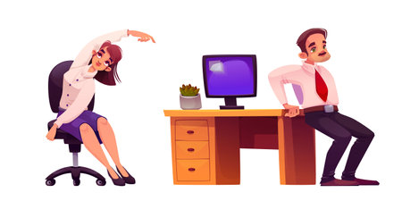 Office stretch workout set - business colleagues performing desk based fitness movements. Cartoon characters doing stretching exercises near workstation with computer monitor, wooden furniture.のイラスト素材