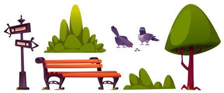 Public park elements set - wooden bench, direction signpost, green tree, decorative bushes, pigeons eating seeds. Collection of cartoon objects for outdoor recreation space and city environment designのイラスト素材