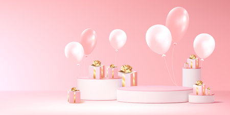 Pink romantic composition with circular white podiums, elegant present boxes decorated with golden ribbons, floating pearly balloons. Wedding showcase, birthday congratulation or luxury brand display.のイラスト素材