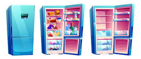 Modern cartoon refrigerator set - closed blue appliance, open unit stocked with groceries, empty shelves view. Kitchen equipment for game interface, mobile app graphics or digital cookbook design.のイラスト素材