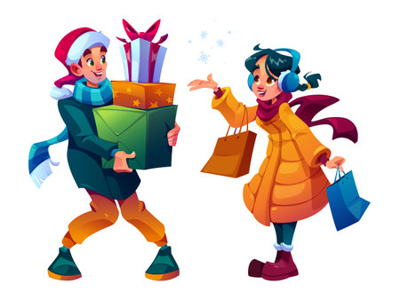Cartoon winter characters - cheerful boy carrying wrapped Christmas gift boxes, joyful girl holding shopping bags and enjoying falling snow. People in warm clothes walking outside for holiday design.のイラスト素材