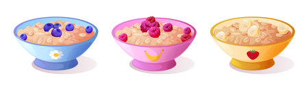 Healthy breakfast bowls set with oatmeal and different toppings - blueberries in blue ceramic dish, raspberries in pink container, sliced bananas in yellow vessel. Nutritious morning meal with fruits.のイラスト素材