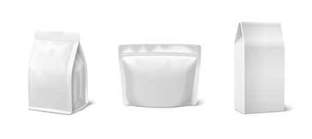 White paper coffee bag mockup set with three different shapes - rectangular pouch, stand up doypack, classic box. Clean packaging templates for premium beverage branding or cafe product display.のイラスト素材