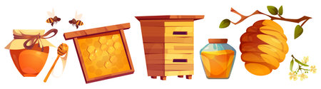 Beehive and apiary equipment set - glass jar with sweet product, honeycomb frame, wooden hive box, ceramic pot and natural nest on branch with bees flying above. Agriculture and farm visual elements.のイラスト素材