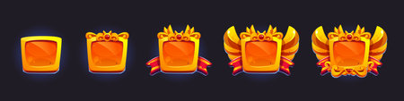 Game rank badge evolution set with golden frames. Progression from basic square to ornate winged emblem with gold panels, decorative wings, red ribbons and glowing gemstones. Level achievement label.のイラスト素材