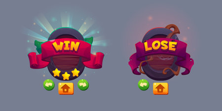 Game victory and defeat badges with navigation green arrows and home buttons. Win screen shows bright red ribbon, glowing stars and light rays. Lose dull panel with dry vines and cobweb elements.のイラスト素材